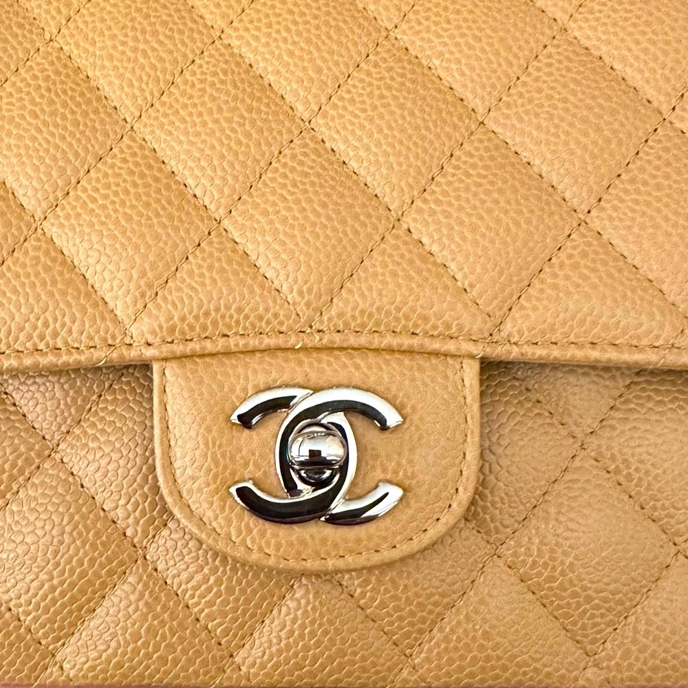 Chanel Classic Caviar Beige Caramel Medium Duble Flap Silver Chain Bag - Picture 6 of 14